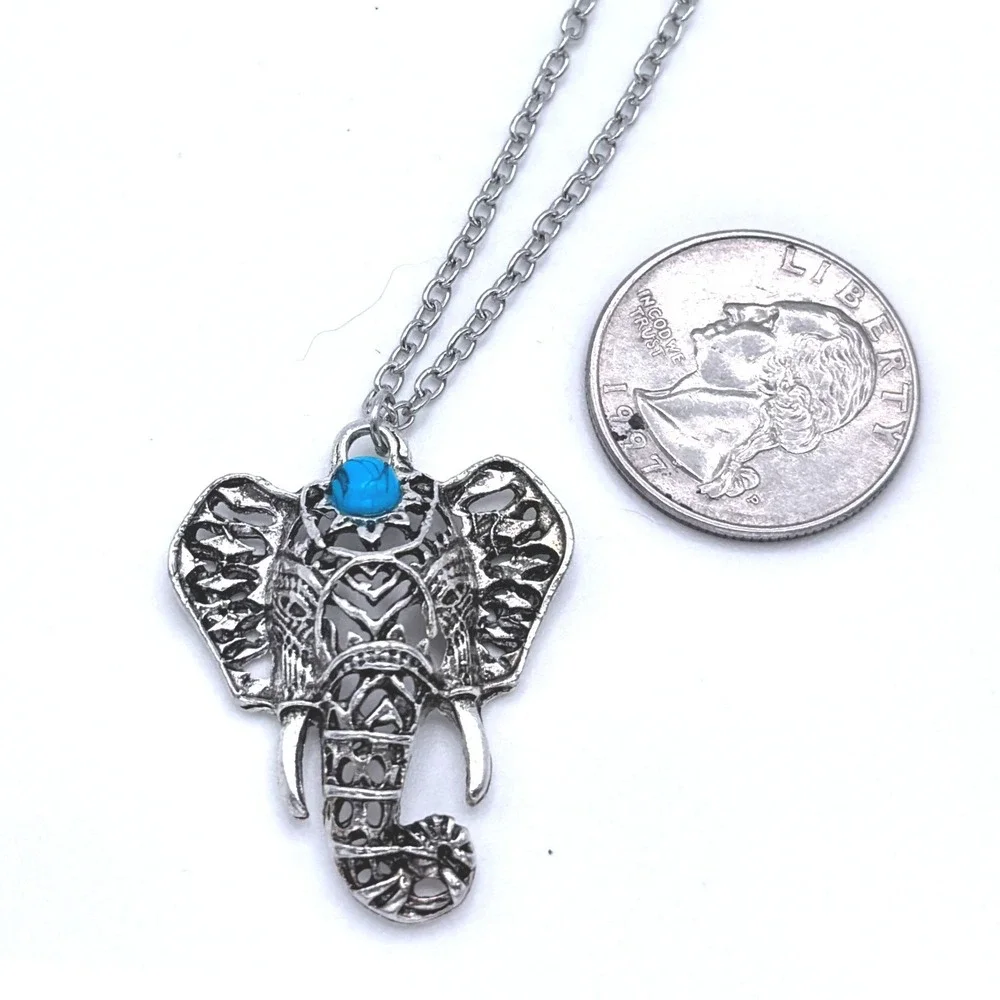 Silver Tone Elephant Necklace Blue Turquoise Style Stone‎ Boho Statement Pendant